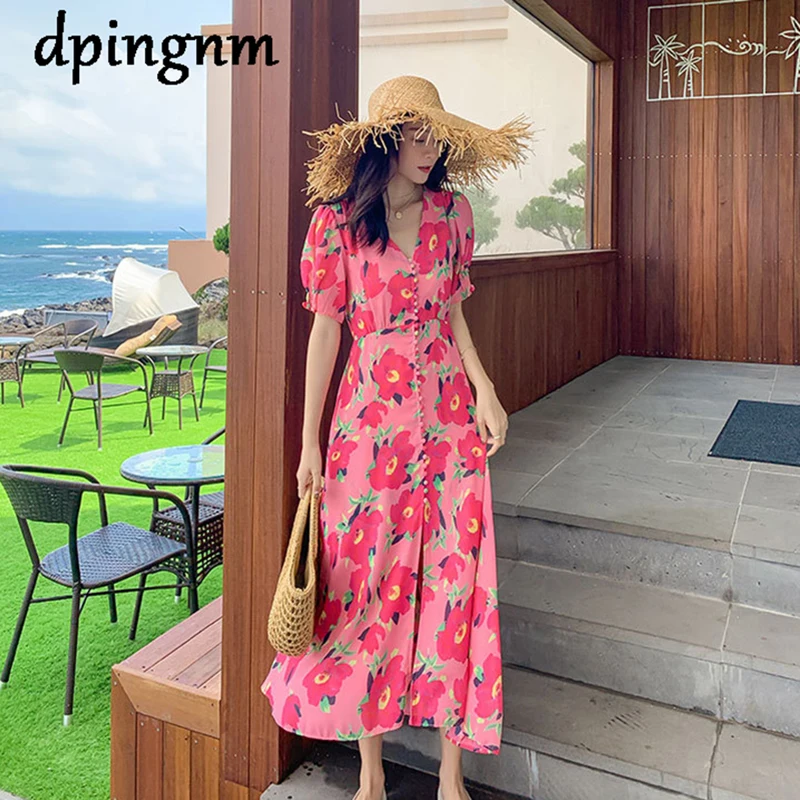 Женское платье с V образным вырезом коротким рукавом и принтом|Женские платья| |