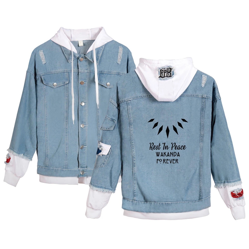 

WAKANDA FOREVER jACKET Chadwick Boseman denim jacket Stitching Fake two Hooded Coat Harajuku Printed Men Hoodie Coats