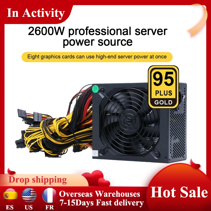 

2400W Mining Machine Power Supply 95% Efficiency ATX ETH Support Multi-Channel 8 Display Cards GPU 2600W Max for Bitcoin Miner