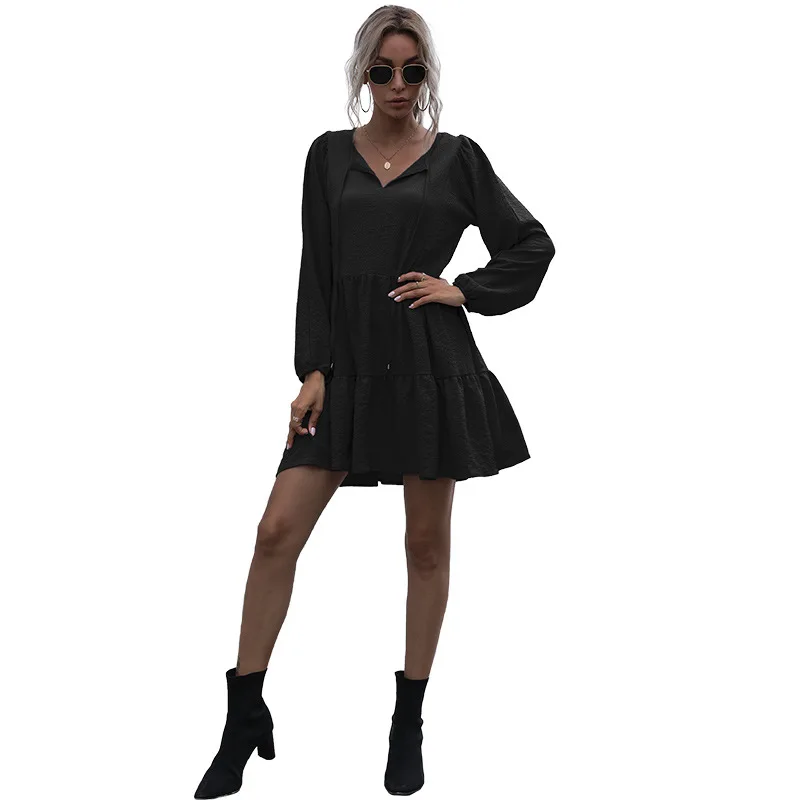 

Spring new loose long sleeves solid color round collar tie ruffled dress women