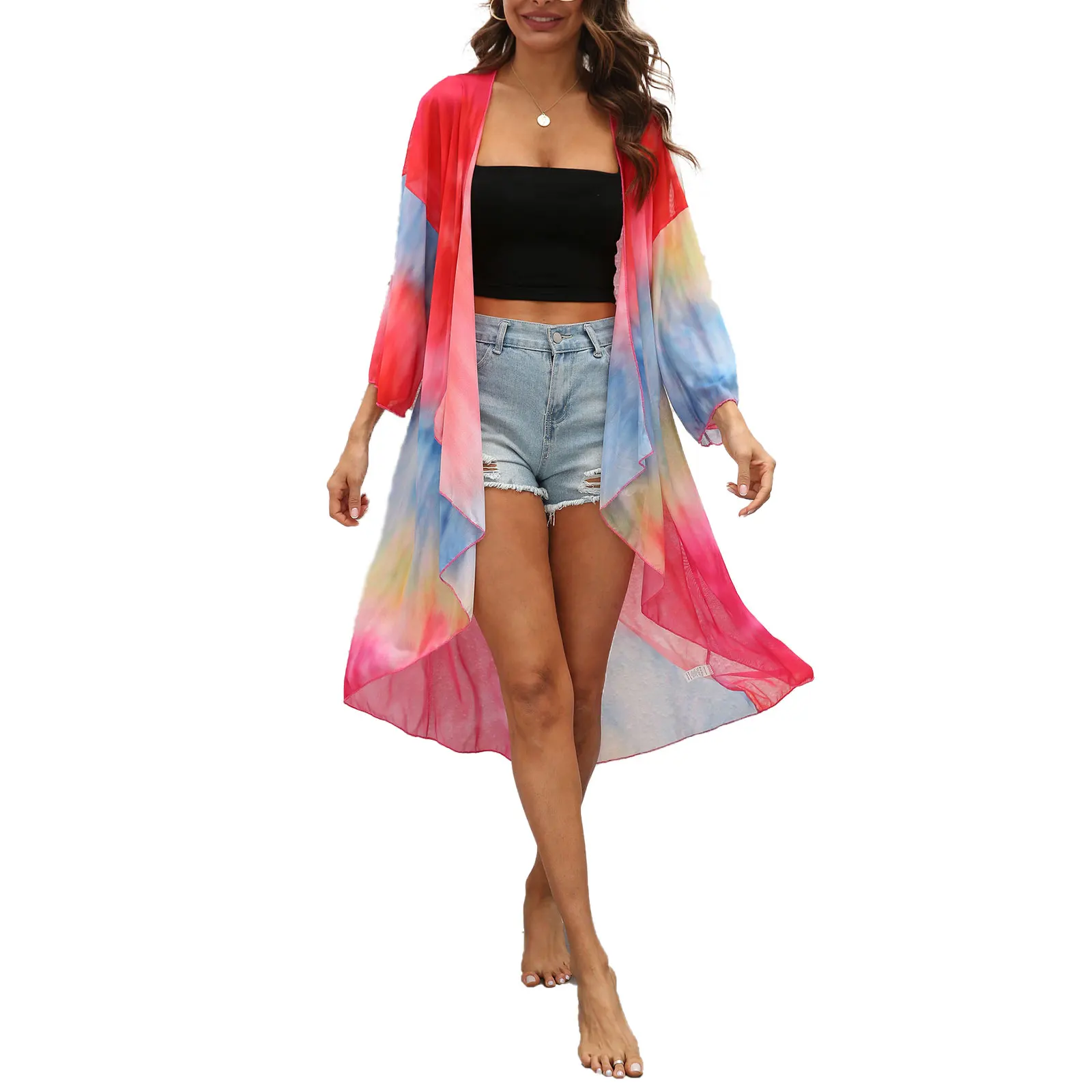 

Women Casual Beach Blouse, Red Tie-dyed Printed Pattern Long Sleeve Irregular Hem Cardigan