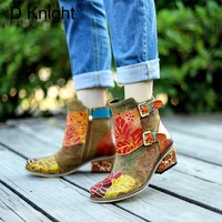 genuine leather ankle bots for woman shoes vintage handmade print high heels ladies shoes cowboy western boots plus size 27 5cm
