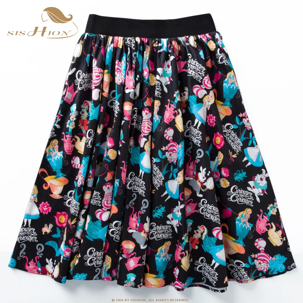 

SISHION New Fashion Women's High Waist Skirt Novetly Alice Printing Retro Inspired Circle Swing One Size Pleated Skirt VD2082