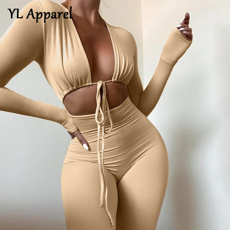 

Elegant Women Outfit Deep V-neck Hollow Out Bandage Jumpsuit 2022 Sexy Female One Piece Overall Nigh Club Rompers Black White
