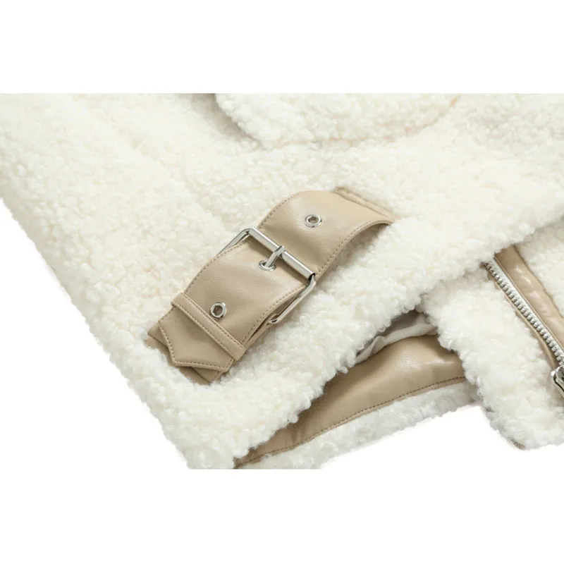 

High Quality Faux Lambswool Contrast Stitching Solid Thicken Coat Women Autumn Winter 2021 New Short Loose Long Sleeve Outerwear