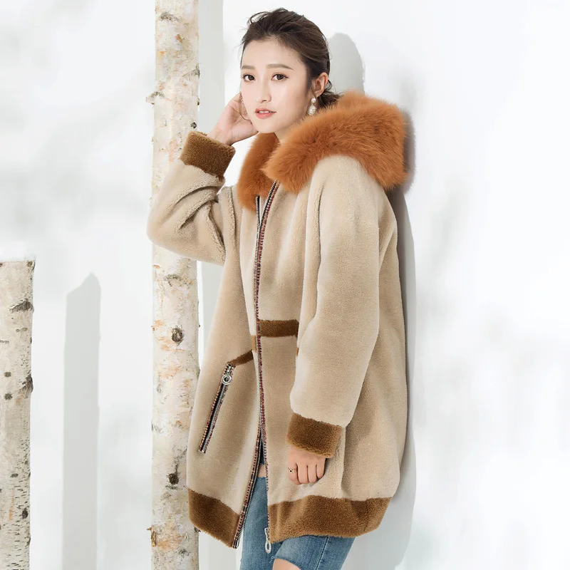 

Women Real Hooded Coat Winter Jacket 200% Wool Coats Plus Size Korean Fox Fur Collar Loose Manteau Femme Y-22 KJ4294