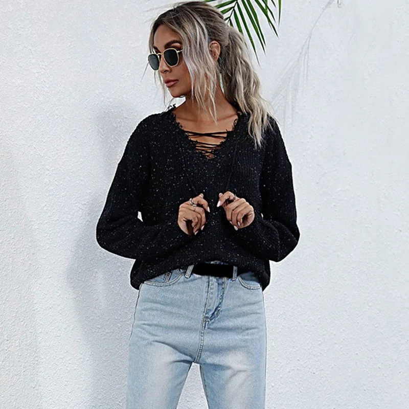 

New Women V-Neck Knitted Sweater Tassel Knitwear Tops Casual Loose Long Sleeve Pullovers