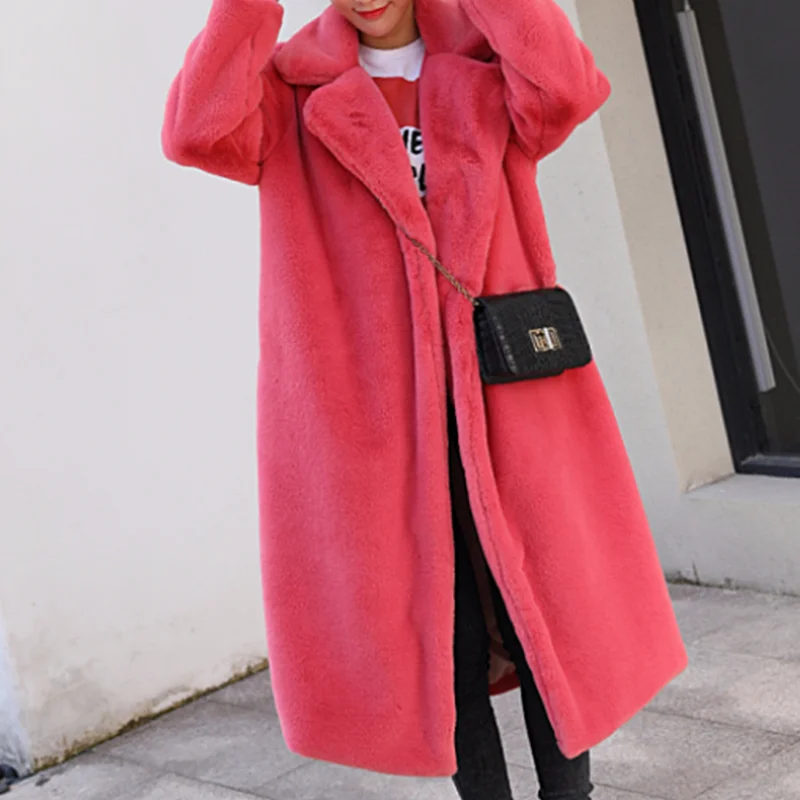 Watermelon Red Женское плотное высококачественное пальто из искусственного кроличьего меха, зимнее роскошное длинное меховое пальто, Свободное пальто с отворотом размера плюс, теплое женское плюшевое пальто - Цвет: Watermelon Red