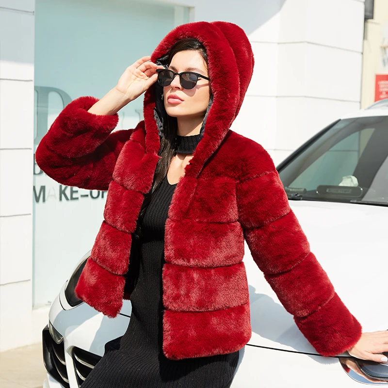

Winter Jacket Women High Quality Faux Rabbit Fur Coat with Hooded Furry Warm Oversize Fake Fur Jacket Female Plush Coats