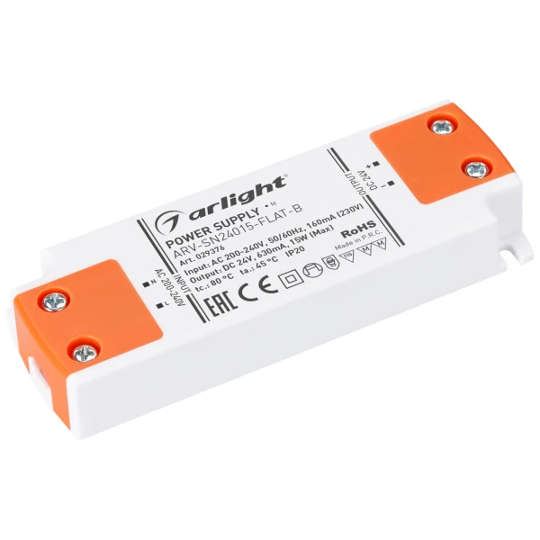 Блок питания ARV-SN24015-FLAT-B (24V 0.63A 15W) ( IP20 Пластик 3 года)