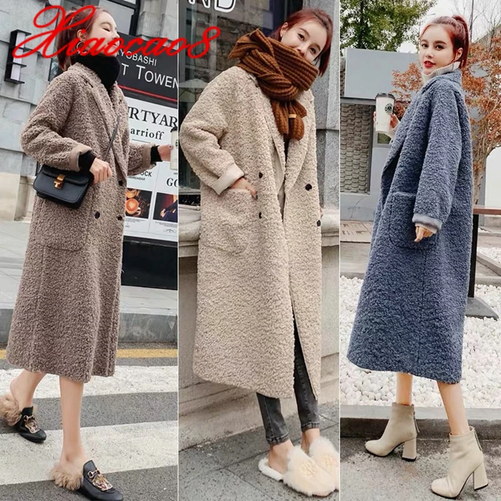 

Women Lambswool Solid Long Jacket Coat 2021 Winter Autumn Female Windbreaker Overcoat Woman Double Breasted Elegant Parka
