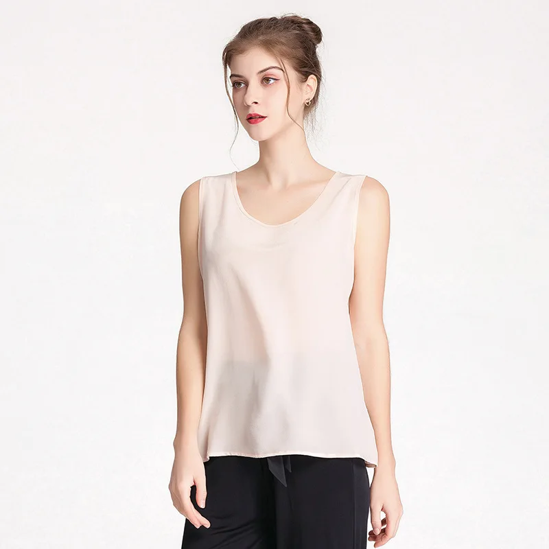 Женская модельная майка из 100% шелка модная прямая футболка без рукавов с круглым