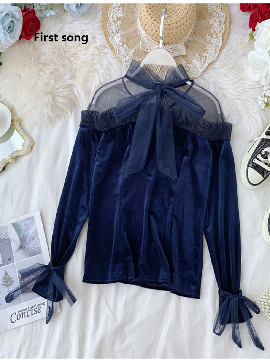 

First song Women's mesh yarn bow pleated ruffled lace top shirt 2019New autumn corduroy women's shirt shirt Blusas Femininas XL