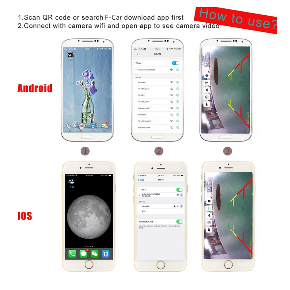 Wi-Fi HD Автомобильная камера заднего вида Беспроводная для телефонов IOS Iphone и Android с