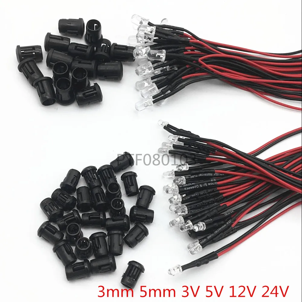 20pcs 3V 5V 12V 24V DC 3mm/5mm Red/Green/Blue/RGB Round Pre-Wired Water Clear LED With Plastic Holder