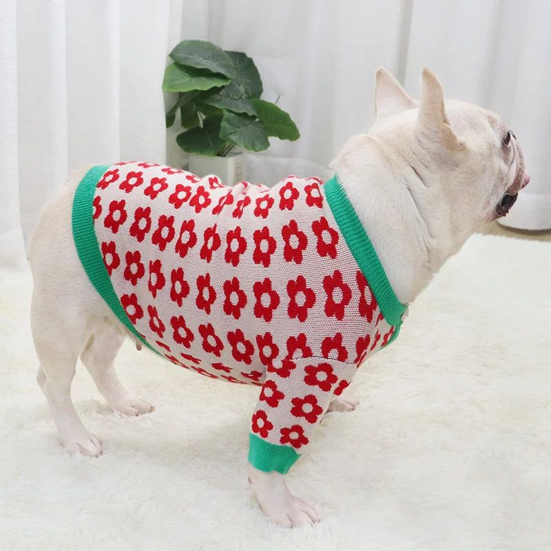 

Pet Dog Cardigan Clothes for Medium Dogs Sweet Floral Print Dog Knit Sweater for Frenchie Bulldog Korea Style Pug Clothing
