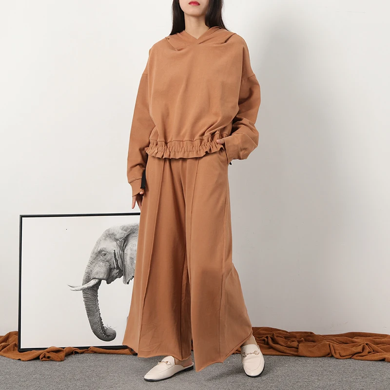 brown CHICEVER Повседневное из двух частей комплект Для женщин с капюшоном с длинным рукавом Толстовка с шнурками брюки с широкими штанинами Женский костюмы Осенняя мода; Новинка - Цвет: brown