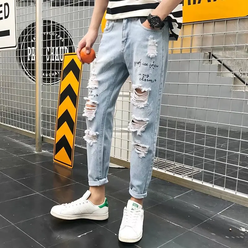 Brand Jeans Men New Men's Slim Elastic Hole Jeans Fashion Business Classic Style Stretch Ripped Jeans Streetwear Pants Trousers