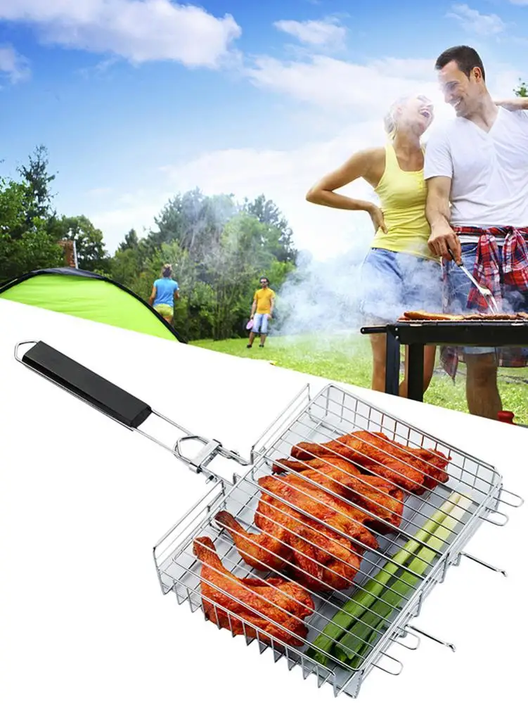 Портативная корзина для гриля и барбекю из нержавеющей стали с деревянной ручкой