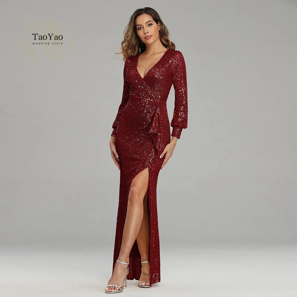 

Burgundy Evening Dresses 2021 Regelmatige Lange Mouwen Enkellange Sequin Side Split Robes De Soiree Long Gown for Women Party