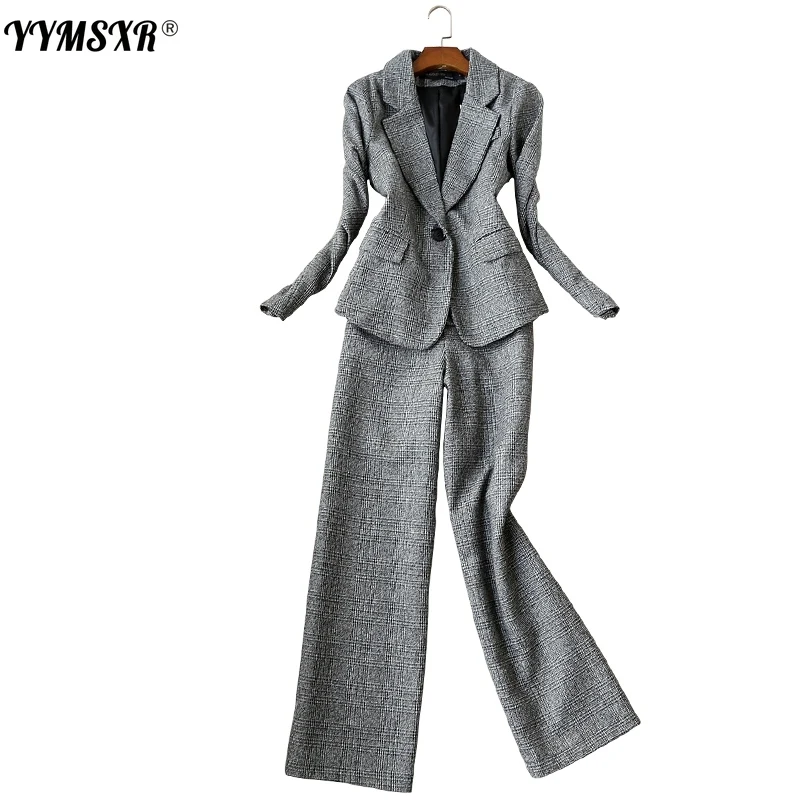 

2021New Winter Professional Women's Suit Pants Set Two-piece Slim-fit Plaid Ladies Jacket Small Suit Office Casual Trousers