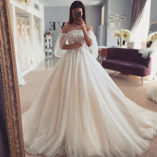 Fairy boho wedding dresses 2021 puff sleeve princess vintage bride dress lace wedding gowns corset back strapless robe de mariee