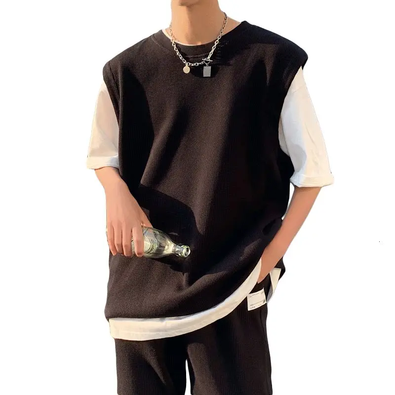 

New Retro Fall Academy Style V-neck Waffle Pocket Vest Sleeveless Hoodie Men Coat Men's And Women's Fashion Shirt