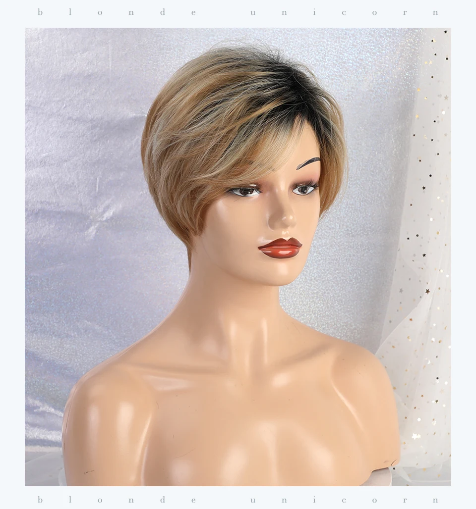 Blonde Unicorn 8 Inch Synthetic Pixie Cut Women Wigs with Natural Bang Fluffy Straight 50% Human Hair Light Brown Short Hair Wig