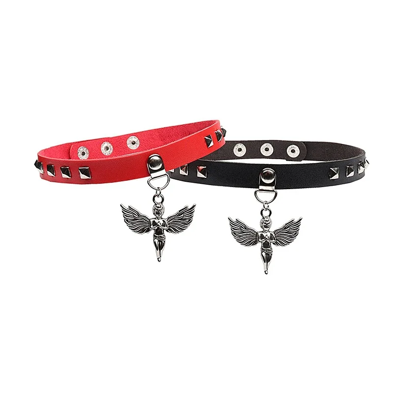 

Necklaces for Women Punk Leather Collar Angel Cupid Rivet Vintage PU Neckband Choker Clavicle Chain Goth Gothic Adjustable Size