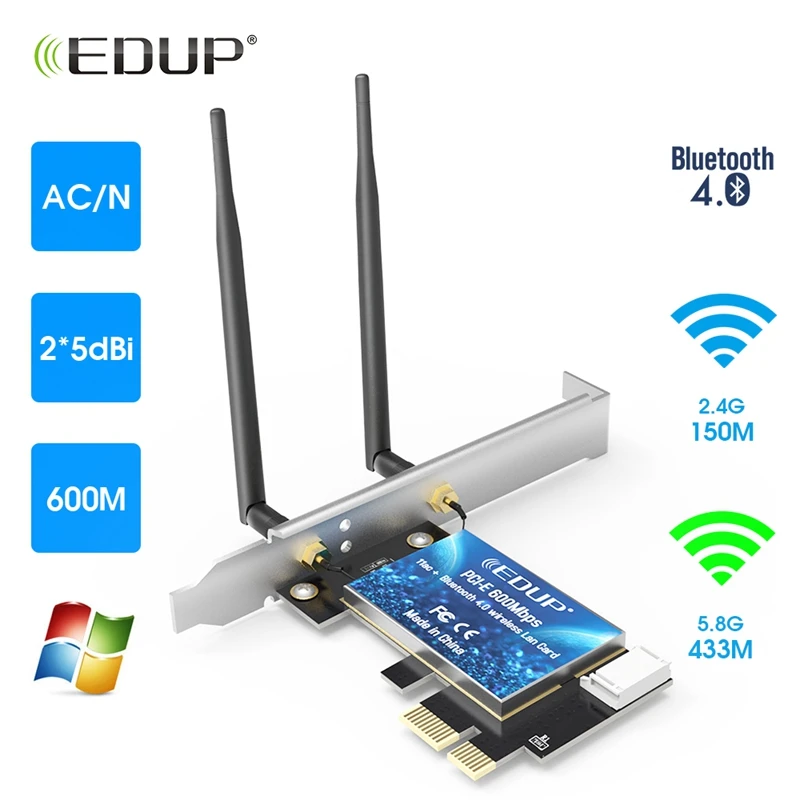 

EDUP 600Mbps AC PCI -E WiFi Wireless Card Adapter Antennas BT4.0 for Desktop PC