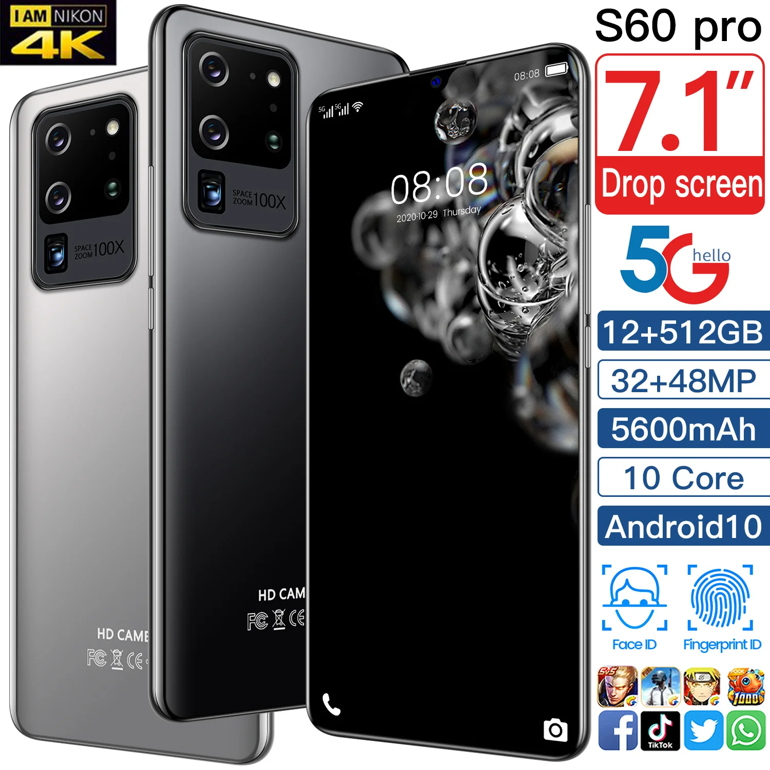 

Global edition S60PRO+ 7.1-inch 12-512GB ROM 5600mAh Face recognition MTK6889 ten core high-end video game smartphone