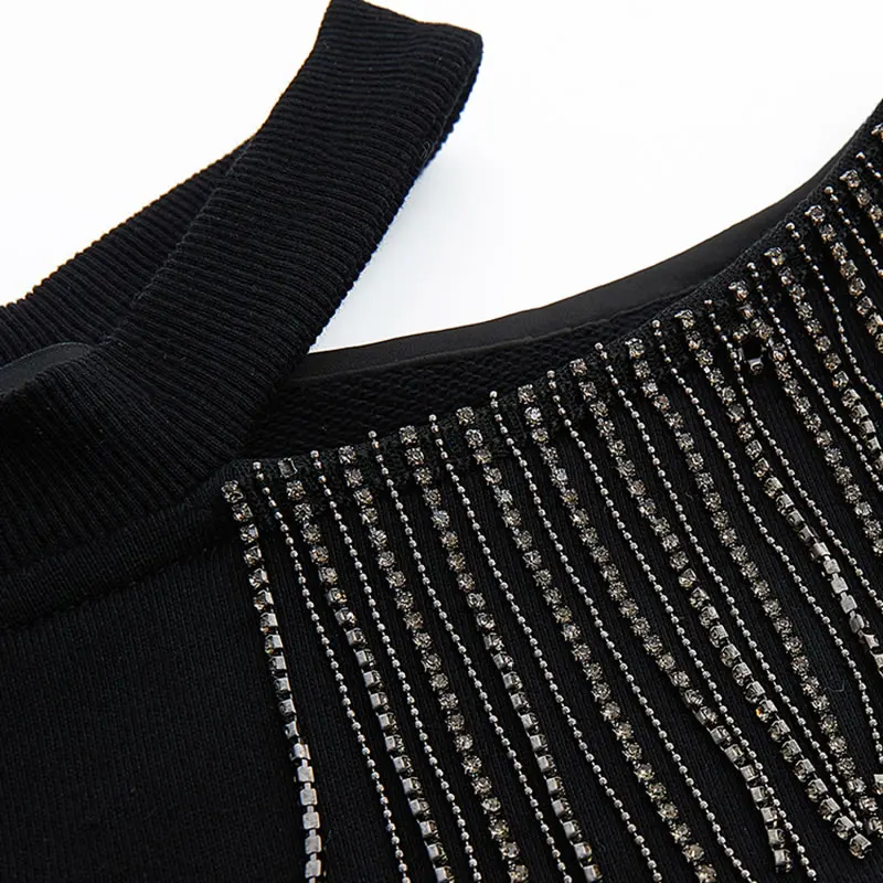 

XITAO New Women Sweatshirt Reveal Shoulder Splicing Tassel Solid Color Casual Simplicity O-neck Collar Fashion All-match WLD6083