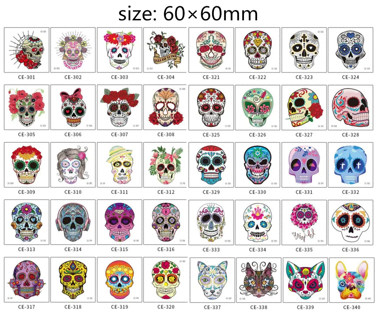 40pcs (CE301-CE-340) Маска временные татуировки наклейки День мертвых череп лицо Хэллоуин вечерние красивые татуировки водонепроницаемый передачи боди-арт - Цвет: 40pcs (CE301-CE-340)