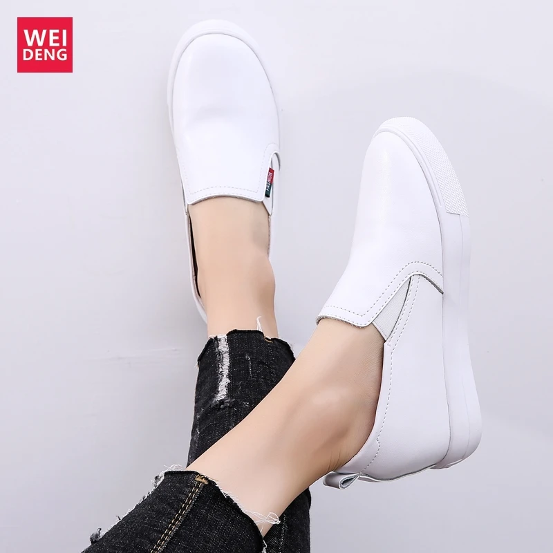 WeiDeng Women Genuine Leather Leisure Shoes Platform Flat Slip On Casual Female Light Fashion Comfort Increase 6cm | Обувь