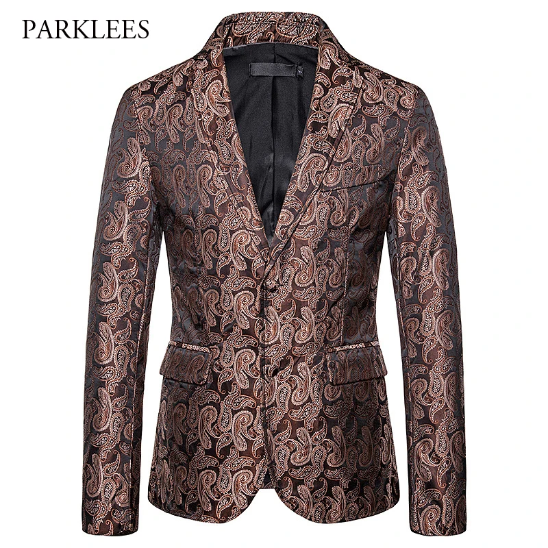 

Elegant Paisley Jacquard Blazer Men 2019 Autumn Flat Collar Mens Suit Jacket Coat Casual Dress Party Club Stage Chaqueta Hombre