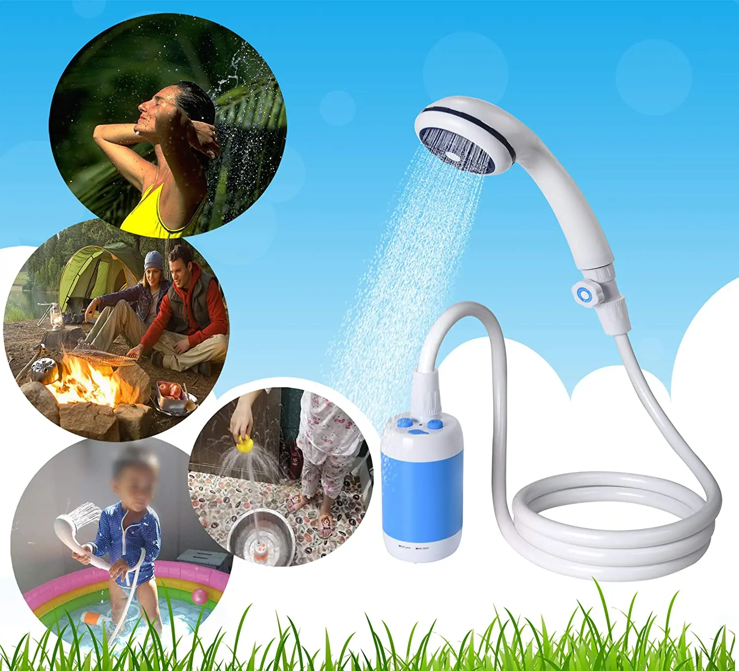 

Portable 4800mah Rechargeable Shower Nozzles Kit With Hook Pump Hose Simple Shower Outdoor Camping Bathing Shower