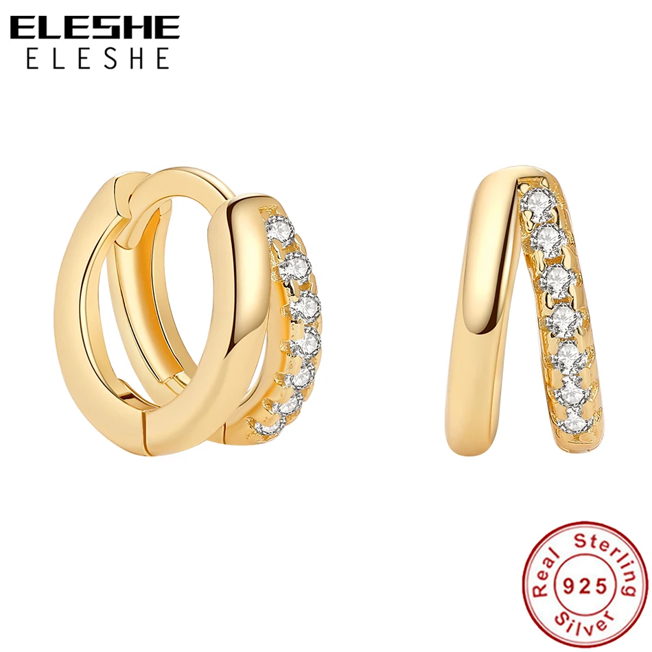 

ELESHE Твердые 925 стерлингового серебра серьги-кольца с цирконом с 18K позолоченный Малый Huggies Серьги для женщин; Ювелирные изделия из драгоценн...