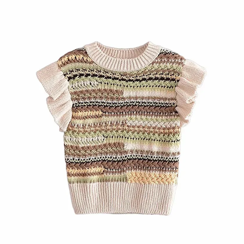 

ZA 2021 autumn new women's clothing fashion European and American style laminated sleeve round neck color matching sweater vest