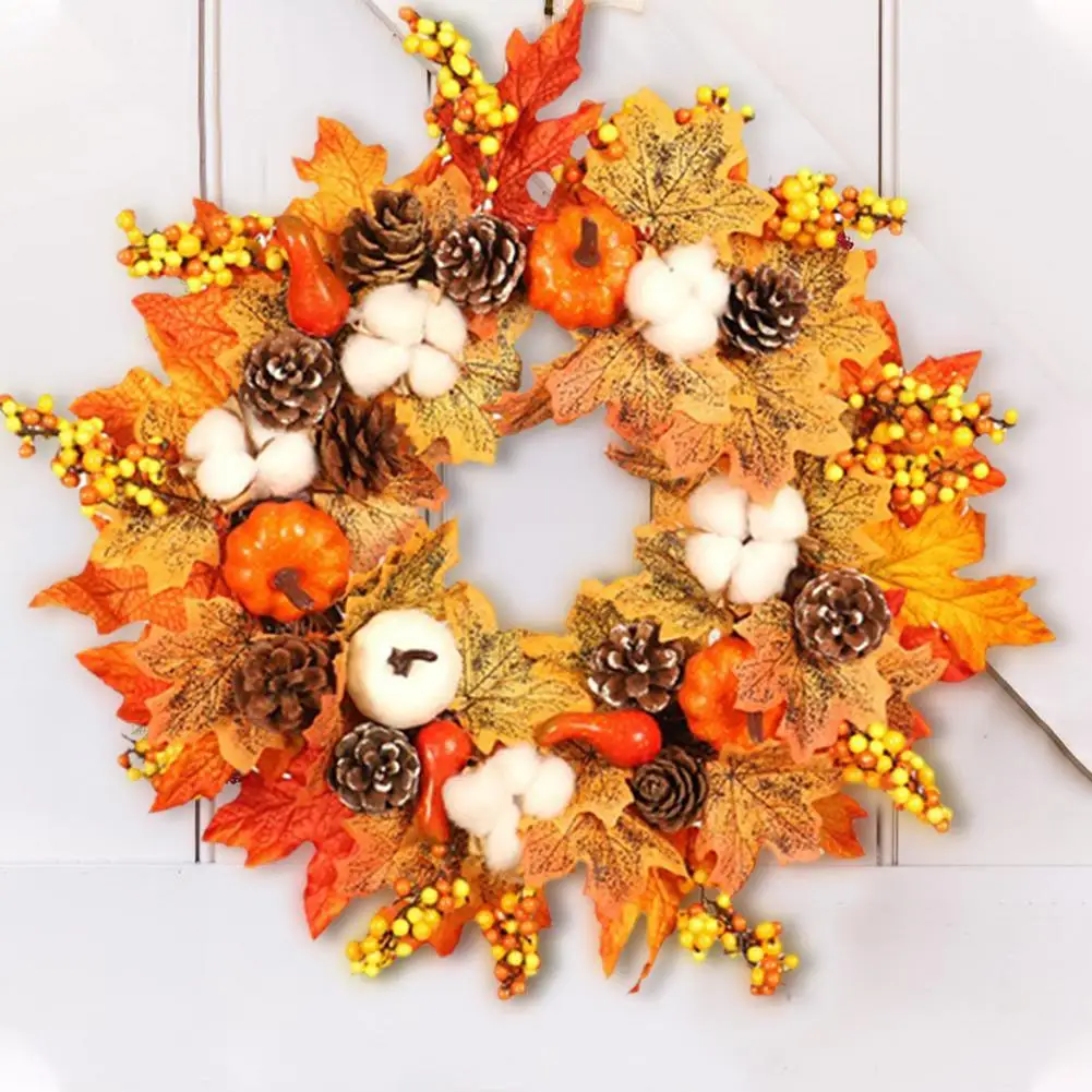 

45CM Thanksgiving Wreath Fall Front Door Hanging Wreath Autumn Rattan Maple Leaf Cotton Garland Halloween Decoration