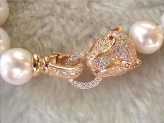

18INCH 8-9 MM AAA++ GENUINE WHITE SOUTH SEA AKOYA PEARL NECKLACE Leopard Head crystal clasp