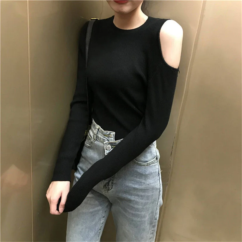 

Off Shoulder T-shirt Long Sleeve Shirt Women Tshirt Spring Autumn New Versatile Half Leaky Shoulder Top With Sexy T Vogue Tees