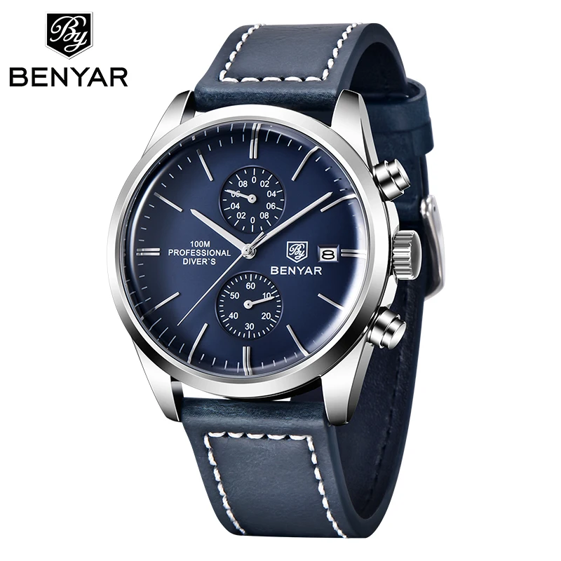 

BENYAR Men Watch Fashion Sport Wrist Watch Chronograph Leather Watch Quartz Business Wristwatch Calendar 100M Waterproof Clock