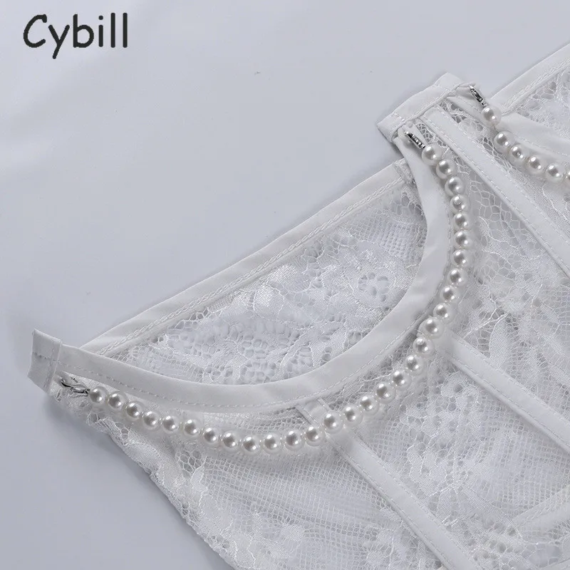 

Cybill Lace Mesh Tube Bustier Cropped Top Bandage Back Belt Club Party Tank Top For Woman See Thought Bead Wrap Top White