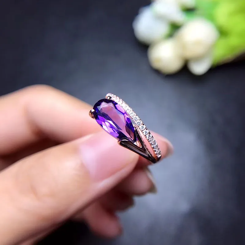 Water Drop Amethyst Ring for Women Engagement 6x12mm Fine Jewelry High Quality Low Price with Certificate S925 Sterling Silver | Украшения