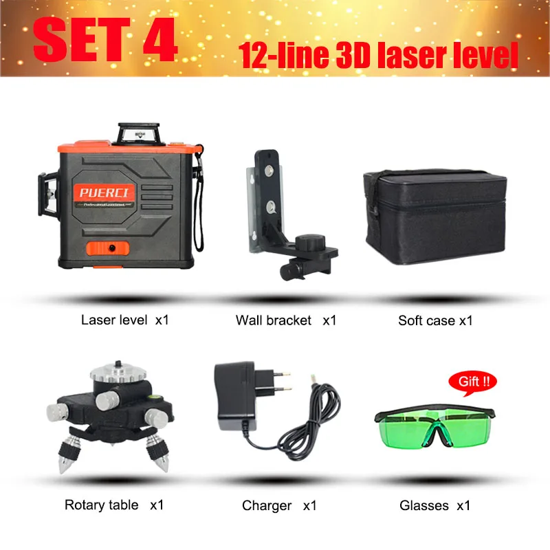 SET 4 PUERCI P6CG 12 линий 3D зеленый лазерный уровень самонивелирующийся 360 горизонтальный вертикальный крест супер мощный зеленый лазерный луч - Цвет: SET 4