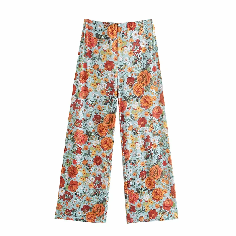 

WXWT Za Women Chic 2 Piece Sets Vintage Floral Print Short Sleeve Shirts And Elastic Waist Wide Leg Pants LY9546