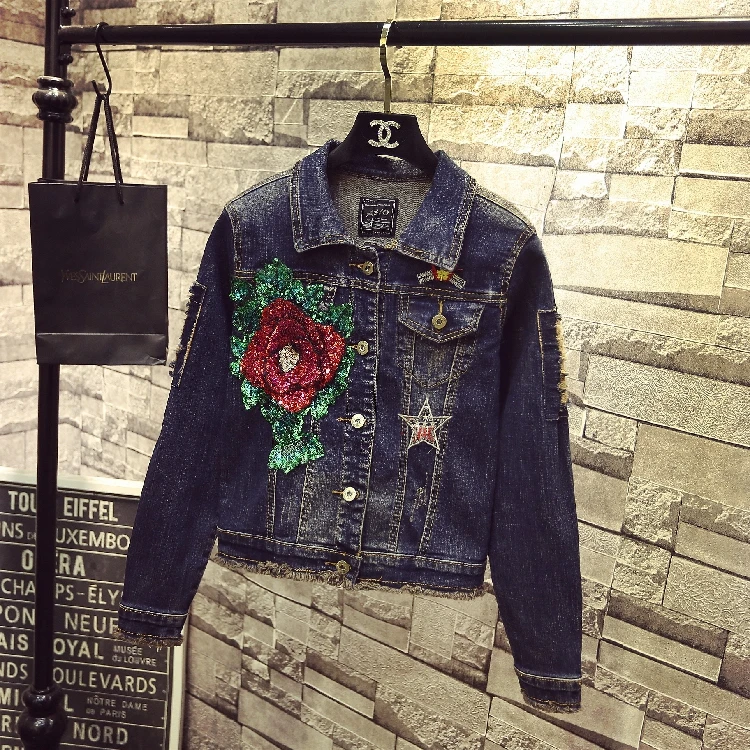 

Single-breasted Slim Denim Jacket New Fashion Spring Hole Sequins Green Rose Long-sleeved Outwear Casual Female Jean Coat