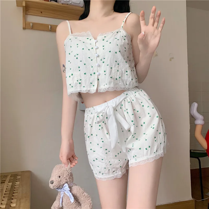 

Summer Korean Style 2021 New Slim Fit Slimming Thin Sweet and Spicy Style Strap Pajamas Women's Homewear Suit