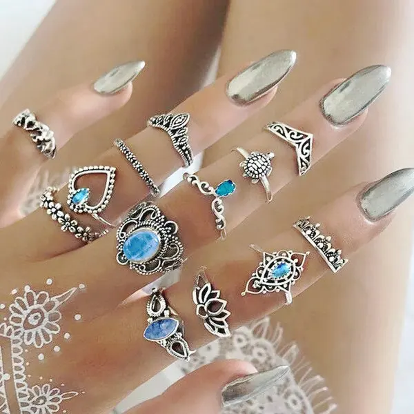 13 rings set Лидер продаж, женское кольцо с океанской звездой и луной, 13 шт. в наборе, ювелирные изделия, Ретро стиль, опал, корона, циркониевые кольца, модные женские аксессуары - Цвет основного камня: 13 rings set