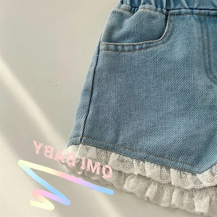 

2021 Summer New Girls Korean Cute Sweet and Comfortable Soft Denim Shorts Children Lace Pants